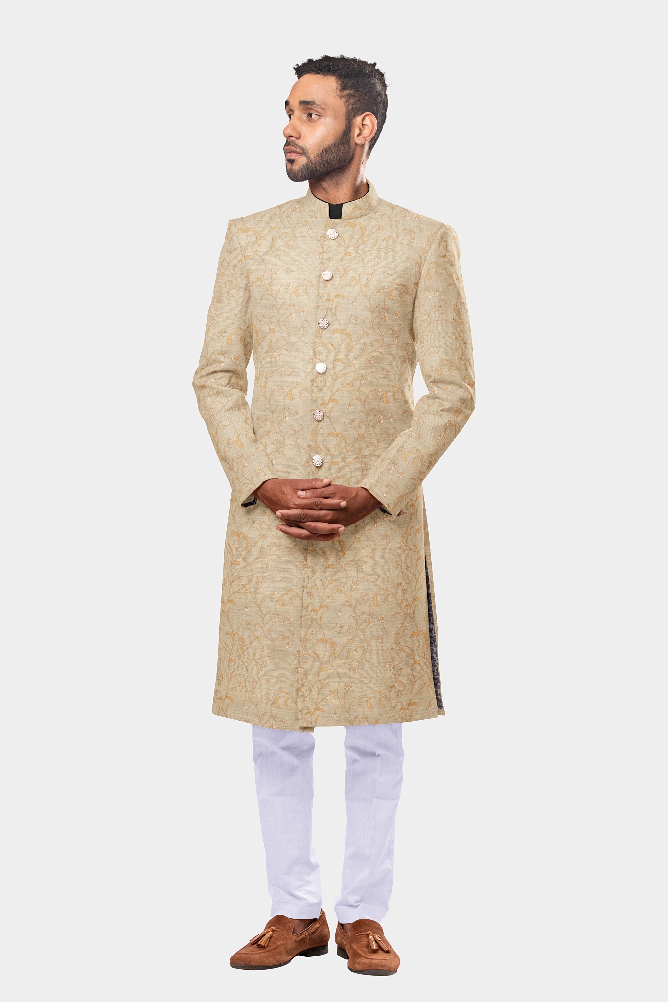 Cream Golden Jacquard Sherwani 125JK